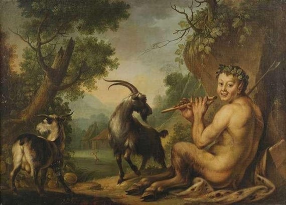 Γερμανικό Σχολείο, 18ος αιώνας | Ο Πάνας παίζει φλάουτο με δύο κατσίκες σε ένα τοπίο (18ος αιώνας) | MutualArt