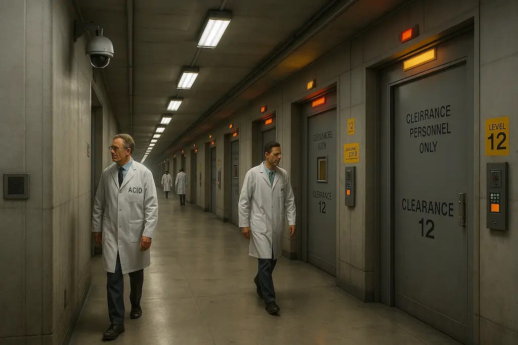 Corredor subterrâneo altamente iluminado, com portas classificadas por nível de acesso e cientistas da ACIO circulando sob vigilância por câmeras, em um ambiente de segurança máxima.
