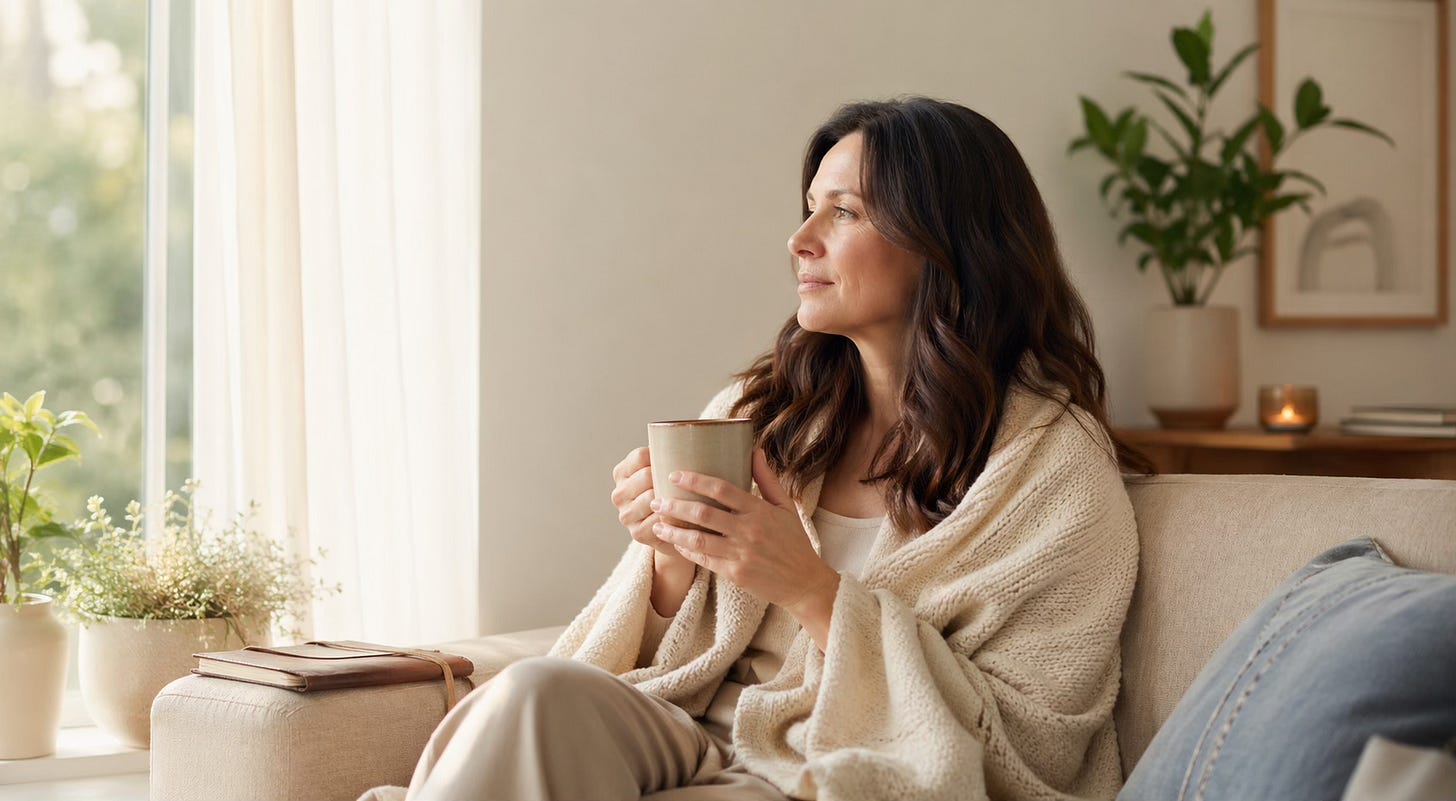 Woman sitting quietly beside a window with a mug in her hands, reflecting after inner work.