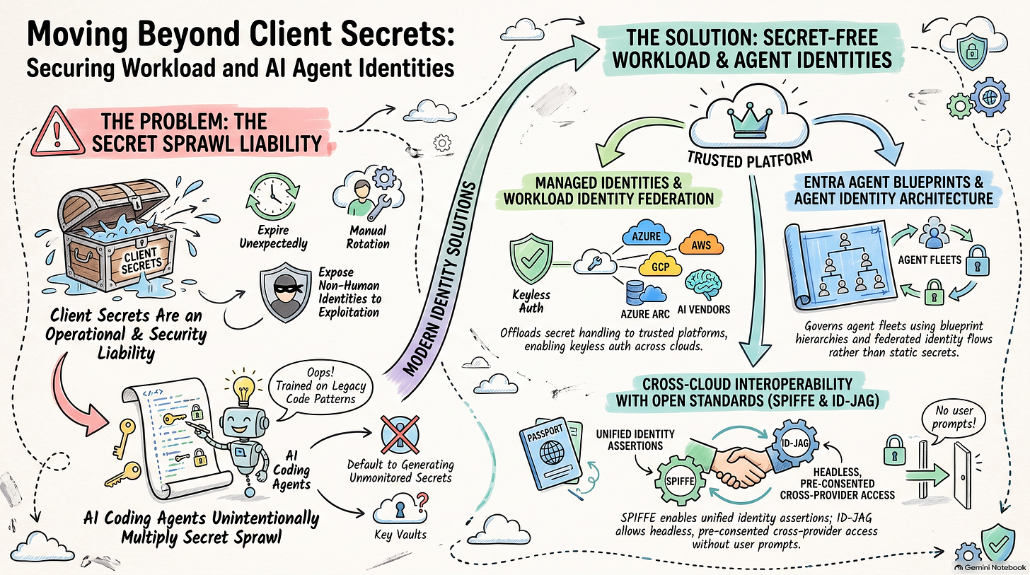 Episode infographic: removing secrets from non-human identities, from managed identities to agent identities
