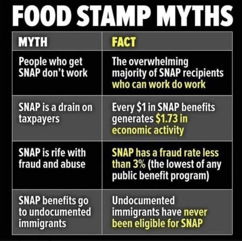 A table infographic titled Food Stamp Myths divided into two columns labeled Myth and Fact. The first row states under Myth People dont get SNAP dont work and under Fact Overwhelming majority of recipients who can work do work. Second row under Myth SNAP is a drain on taxpayers and under Fact Every 1 in SNAP benefits generates 1.73 in economic activity. Third row under Myth SNAP is rife with fraud and abuse and under Fact SNAP has fraud and abuse rate less than 3% the lowest rate of any public benefit program. Fourth row under Myth SNAP benefits go to undocumented immigrants and under Fact Undocumented immigrants are never eligible for SNAP.