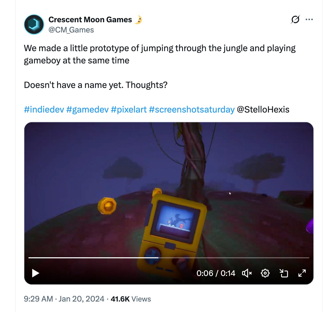 “We made a little prototype of jumping through the jungle and playing gameboy at the same time  “Doesn't have a name yet. Thoughts?”