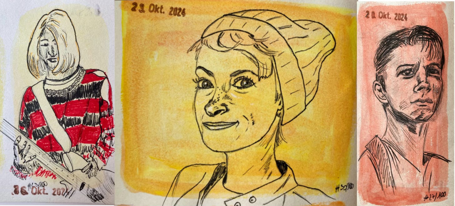 Sketch portraits of Kurt Cobain, Halyna Hutchins and Tom Holland for Inktober 2024