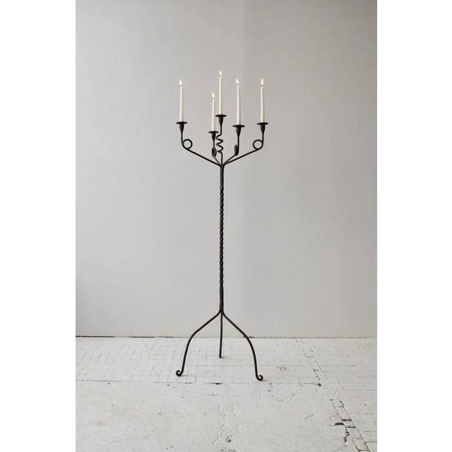 Antique Whimsical Wrought Iron Floor Candelabra with Spiraling Details, Circa 1950s. A playful and sculptural design with...