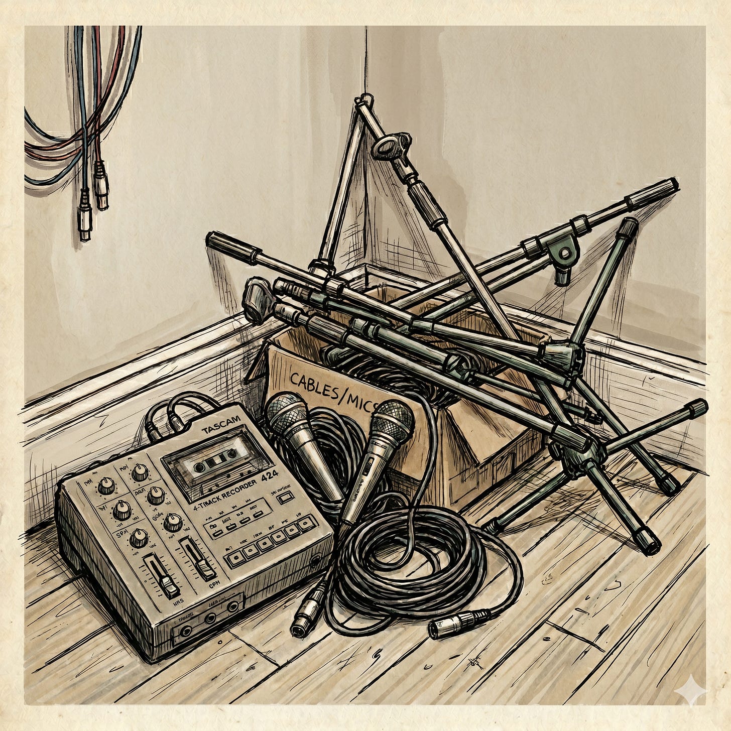 Sound equipment piled up in the corner.