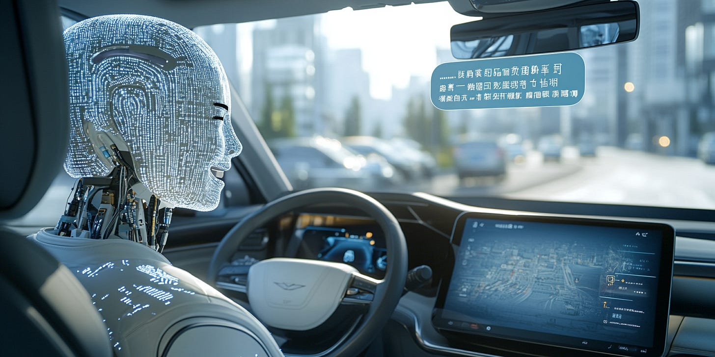 a laughing AI robot talking to a Chinese electric luxury vehicle - a chat bubble above the robot's head shows chinese kanji you can see the luxury interior of the car with large displays and leather seating