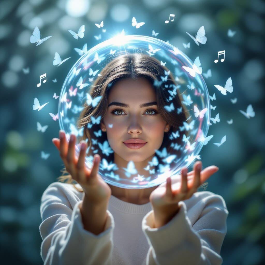 A powerful metaphorical photo of a person standing at the center of a storm of digital chaos (apps, ads, notifications) ...