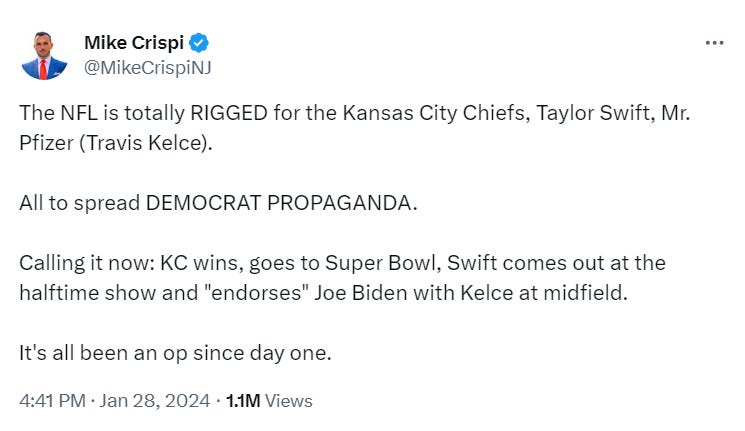 Mike Crispi: "The NFL is totally RIGGED for the Kansas City Chiefs, Taylor Swift, Mr. Pfizer (Travis Kelce). All to spread DEMOCRAT PROPAGANDA. Calling it now: KC wins, goes to Super Bowl, Swift comes out at the halftime show and "endorses" Joe Biden with Kelce at midfield." Mike Crispi: "The NFL is totally RIGGED for the Kansas City Chiefs, Taylor Swift, Mr. Pfizer (Travis Kelce). All to spread DEMOCRAT PROPAGANDA. Calling it now: KC wins, goes to Super Bowl, Swift comes out at the halftime show and "endorses" Joe Biden with Kelce at midfield."