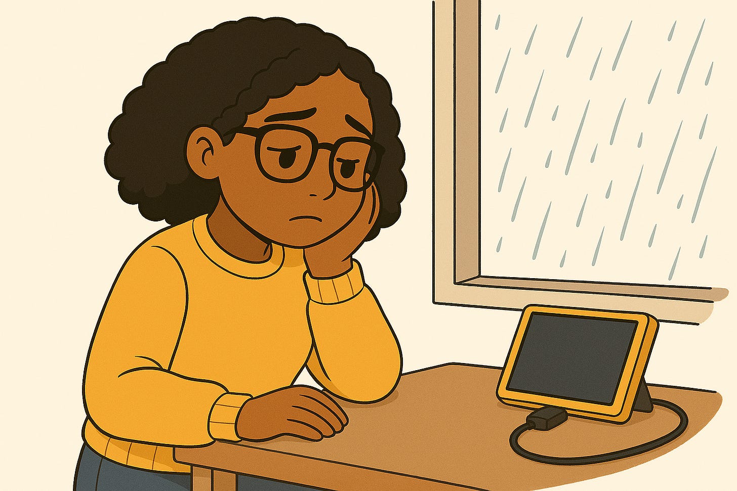 Illustration of Patricia sitting by a rainy window, resting her head on her hand while staring sadly at a small unlit yellow display on the desk.