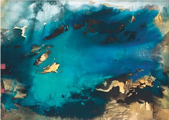 張大千 春雲曉靄 100.5×140cm 潑彩紙本　鏡框　1968年作 香港蘇富比2021秋拍成交價：214,631,000港幣