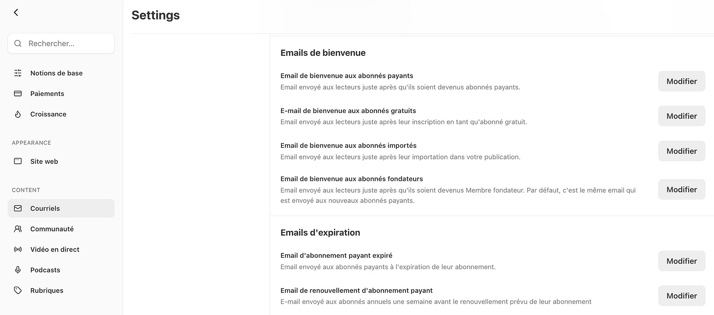 Paramètres Substack pour personnaliser les emails de bienvenue des abonnés gratuits, payants et Fondateurs, ainsi que les emails de renouvellement et d’expiration des abonnements.
