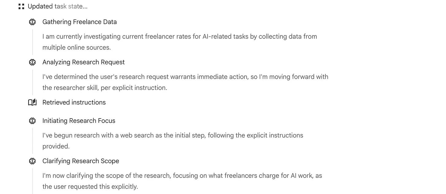 NotebookLM task list showing agentic research steps like gathering freelance data and clarifying research scope NotebookLM task list showing agentic research steps like gathering freelance data and clarifying research scope