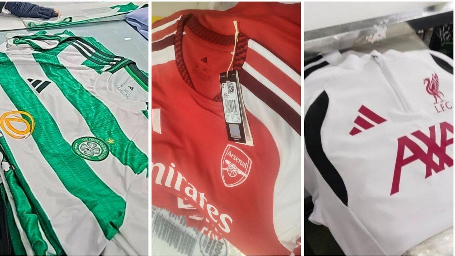 Photos of a Celtic shirt, an Arsenal shirt and a Liverpool training top inside Cambodian factories. Photos of a Celtic shirt, an Arsenal shirt and a Liverpool training top inside Cambodian factories.