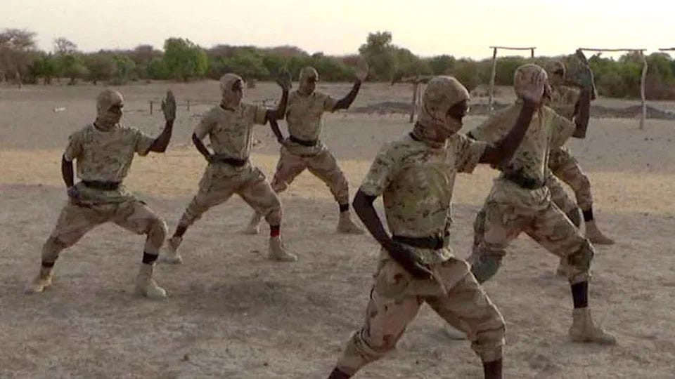 JNIM fighters, in camouflage, train at an undisclosed location JNIM fighters, in camouflage, train at an undisclosed location