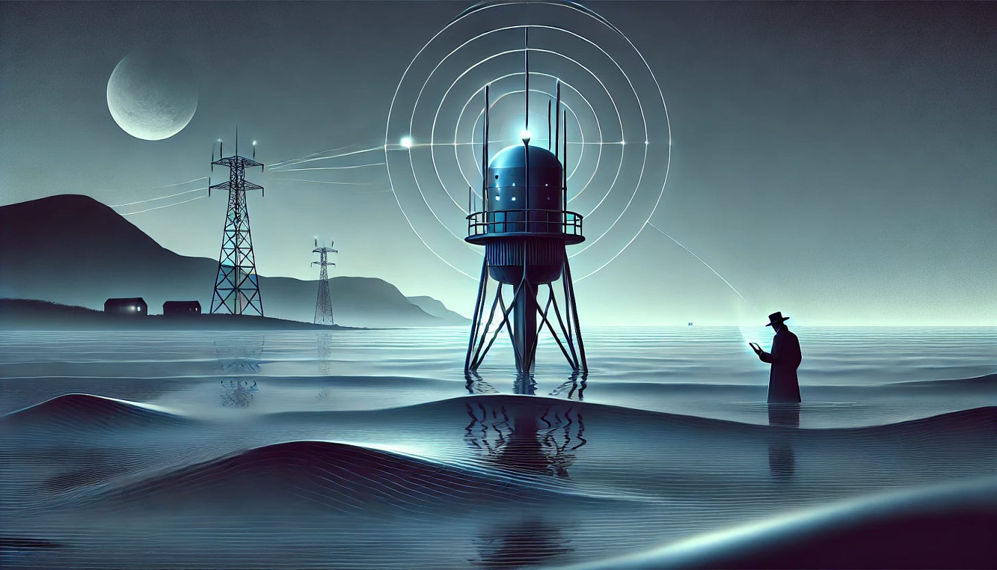 An illustration of a high-tech ocean buoy in the middle of a vast, calm sea at twilight, with subtle waves around it. The buoy has a metallic, modern design, with antennas and small lights blinking, emitting signals. In the distance, on a secluded coastline, a silhouette of a spy in a dark trench coat and hat is seen receiving the message on a handheld device. The scene is mysterious and atmospheric, with shades of blue, gray, and hints of soft moonlight reflecting off the water. Soft light trails connect the buoy to the spy's device to imply communication.