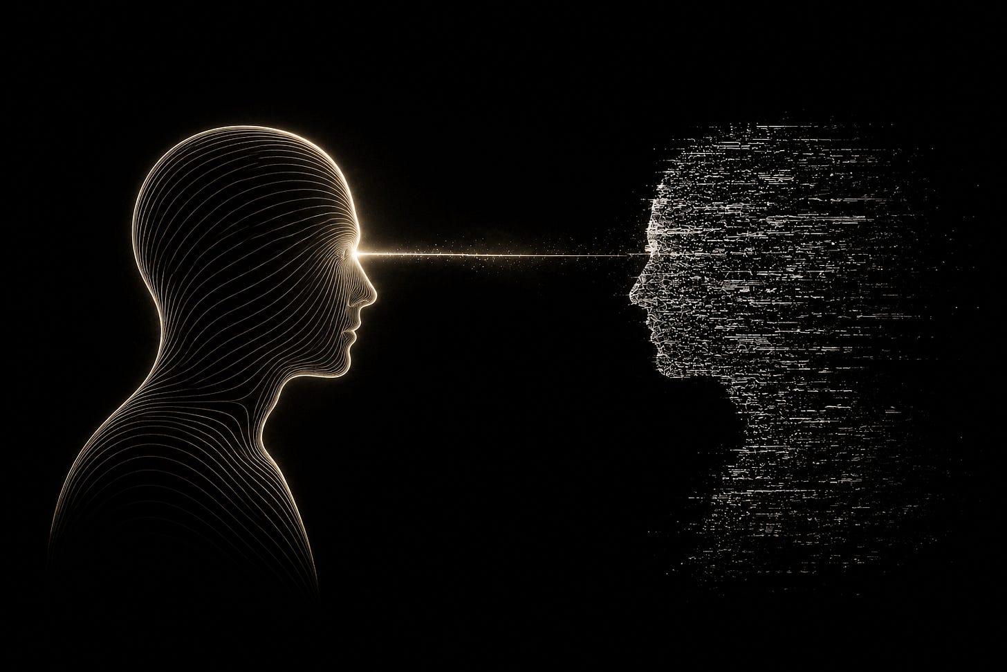 Two human silhouettes face each other against a black background. One figure is formed from clean flowing lines, while the other appears fragmented into static. A thin beam of light attempts to connect them, symbolizing the challenge of understanding and communication in human relationships. Two human silhouettes face each other against a black background. One figure is formed from clean flowing lines, while the other appears fragmented into static. A thin beam of light attempts to connect them, symbolizing the challenge of understanding and communication in human relationships.