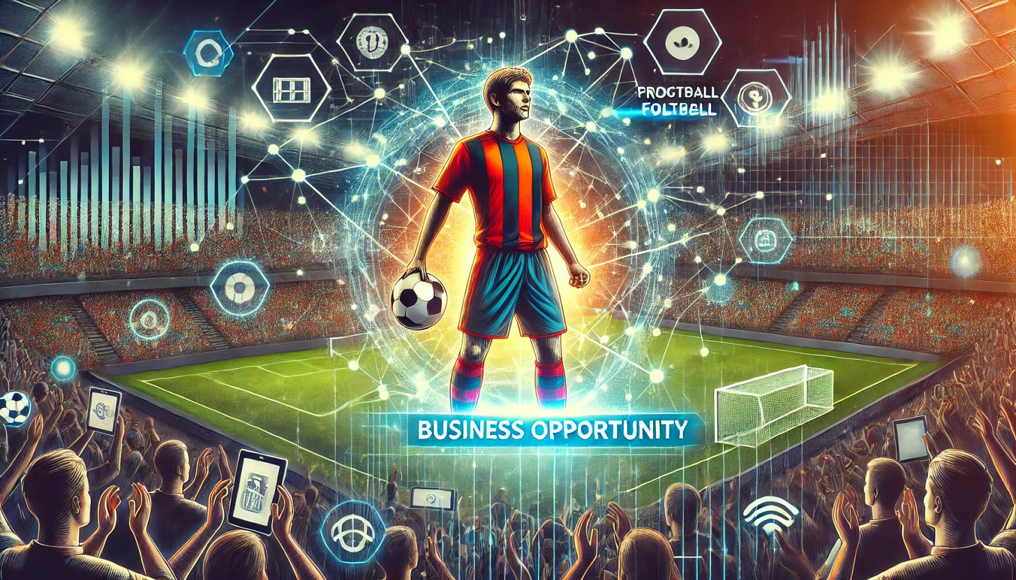 A dynamic and visually engaging banner for a newsletter cover that represents the business opportunity of a crowdfunding platform dedicated to professional football. The banner should include elements such as a football stadium filled with passionate fans, holding digital devices like smartphones, showcasing their participation in funding a star football player. The player, wearing a vibrant uniform, stands in the center, surrounded by interconnected digital lines symbolizing the Web 3.0 evolution. The background should feature a mix of a football pitch and modern digital graphics.