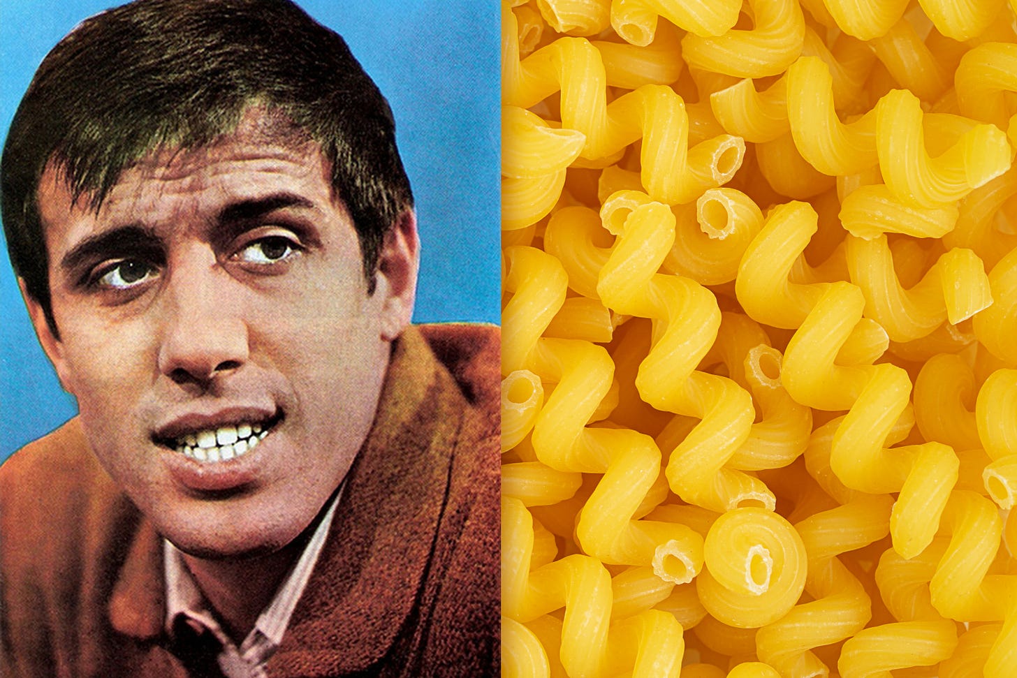 Split image showing a portrait of Italian singer Adriano Celentano on the left and a close-up of cavatappi pasta on the right
