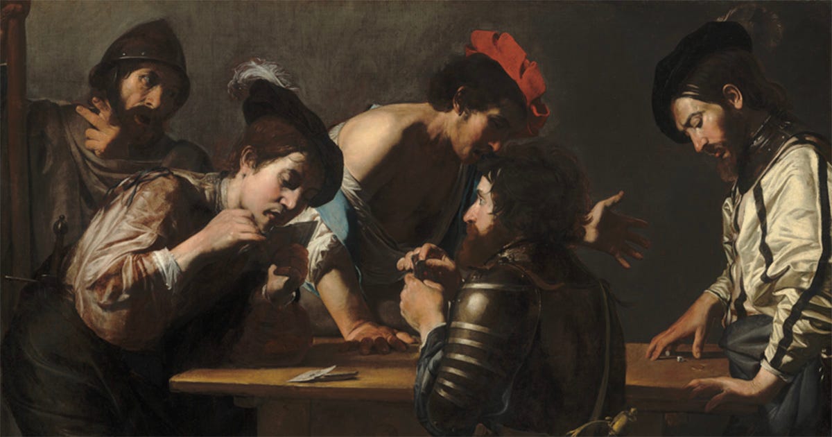 Pintura em estilo barroco retratando cinco homens reunidos em torno de uma mesa durante um jogo de cartas e dados. A obra remete aos jogos de azar que motivaram o desenvolvimento da teoria das probabilidades, um dos fundamentos da estatística moderna.