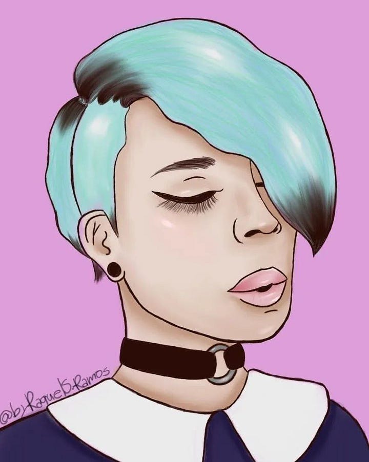 Diversas versões da mesma imagem: A imagem é um desenho feito a mão de uma mulher com cabelo azul esverdeado. O cabelo é curto, com franja comprida sobre o olho direito. Ela usa um colar preto tipo gargantilha e um brinco preto pequeno. A mulher está usando uma blusa azul-escura com gola branca.