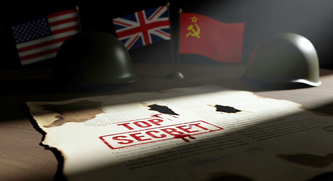 An old, partially burned World War II document labeled “TOP SECRET” lies on a dark table under a narrow beam of light. Behind it, out of focus, are the American, British, and Soviet flags with several military helmets in shadow.