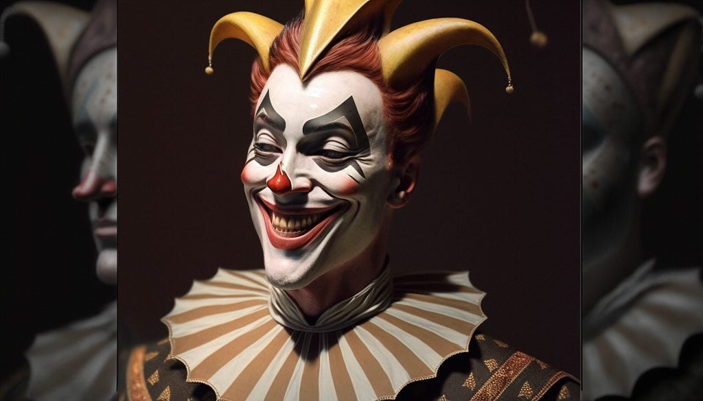 “Maybe I’m Autistic. And Just MayBE, I’m not,” original digital illustration by author. A Renaissance Harlequin jester in elaborate custume, three- pointedhat, and yellow teeth laughs in the foreground of a selfie. In the blurred background, a dark shadow of the same jester frowns.