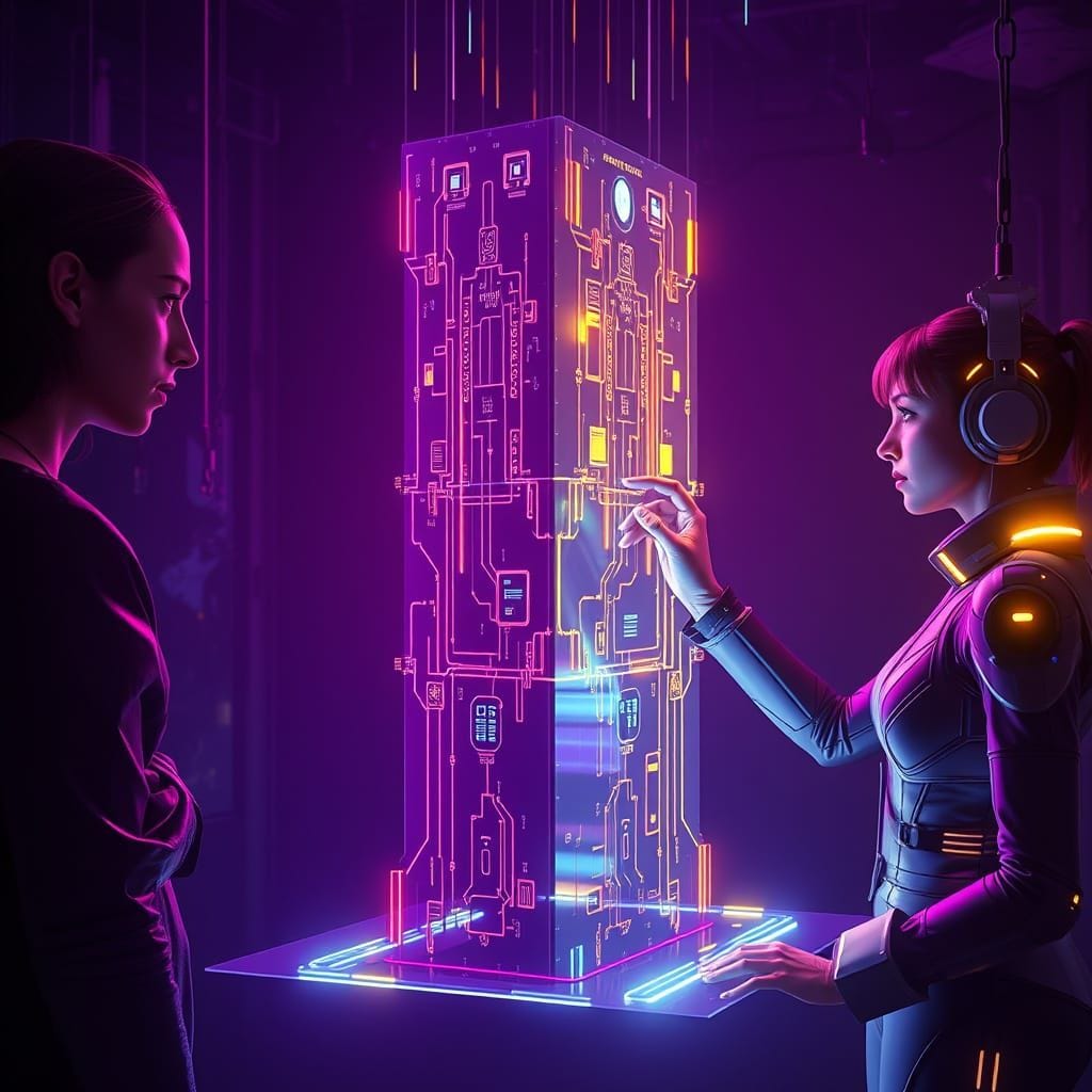 A holographic interface, floating in a futuristic setting, showcases the power of AI, empowering skilled users with know...
