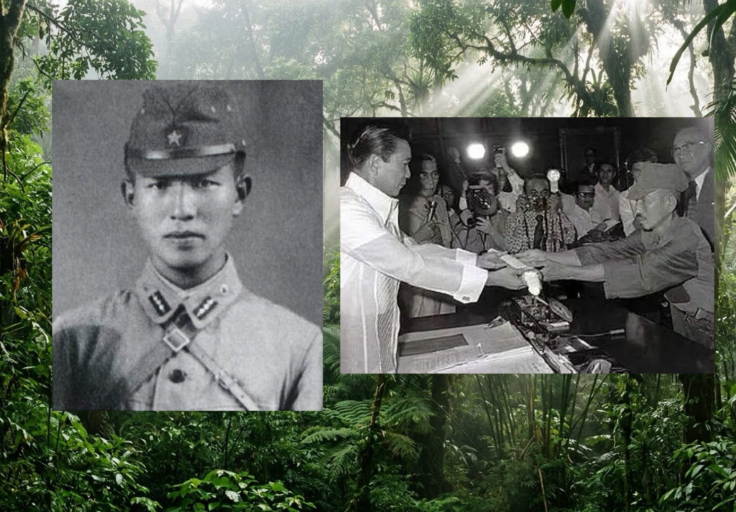 A dense, misty tropical jungle canopy with shafts of sunlight cutting through thick foliage and bamboo groves, on top are two photos of Onoda one as a young soldier and the other as he surrendered. A dense, misty tropical jungle canopy with shafts of sunlight cutting through thick foliage and bamboo groves, on top are two photos of Onoda one as a young soldier and the other as he surrendered.