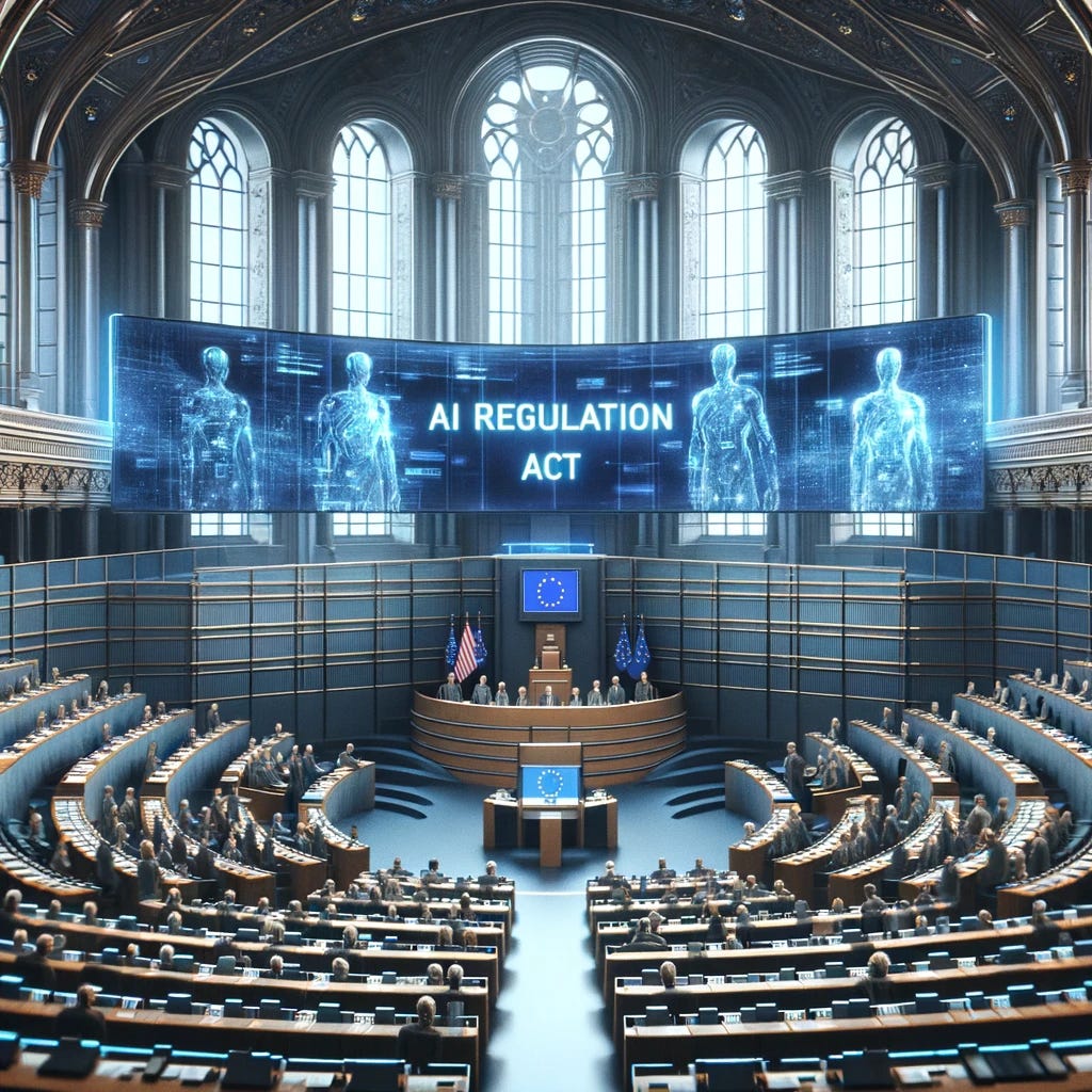 A futuristic European Parliament chamber, with lawmakers voting on a large digital screen displaying 'AI Regulation Act.' The room combines traditional architecture with advanced technology, showing a blend of history and future. The atmosphere is solemn yet hopeful, symbolizing a pivotal moment in AI governance.