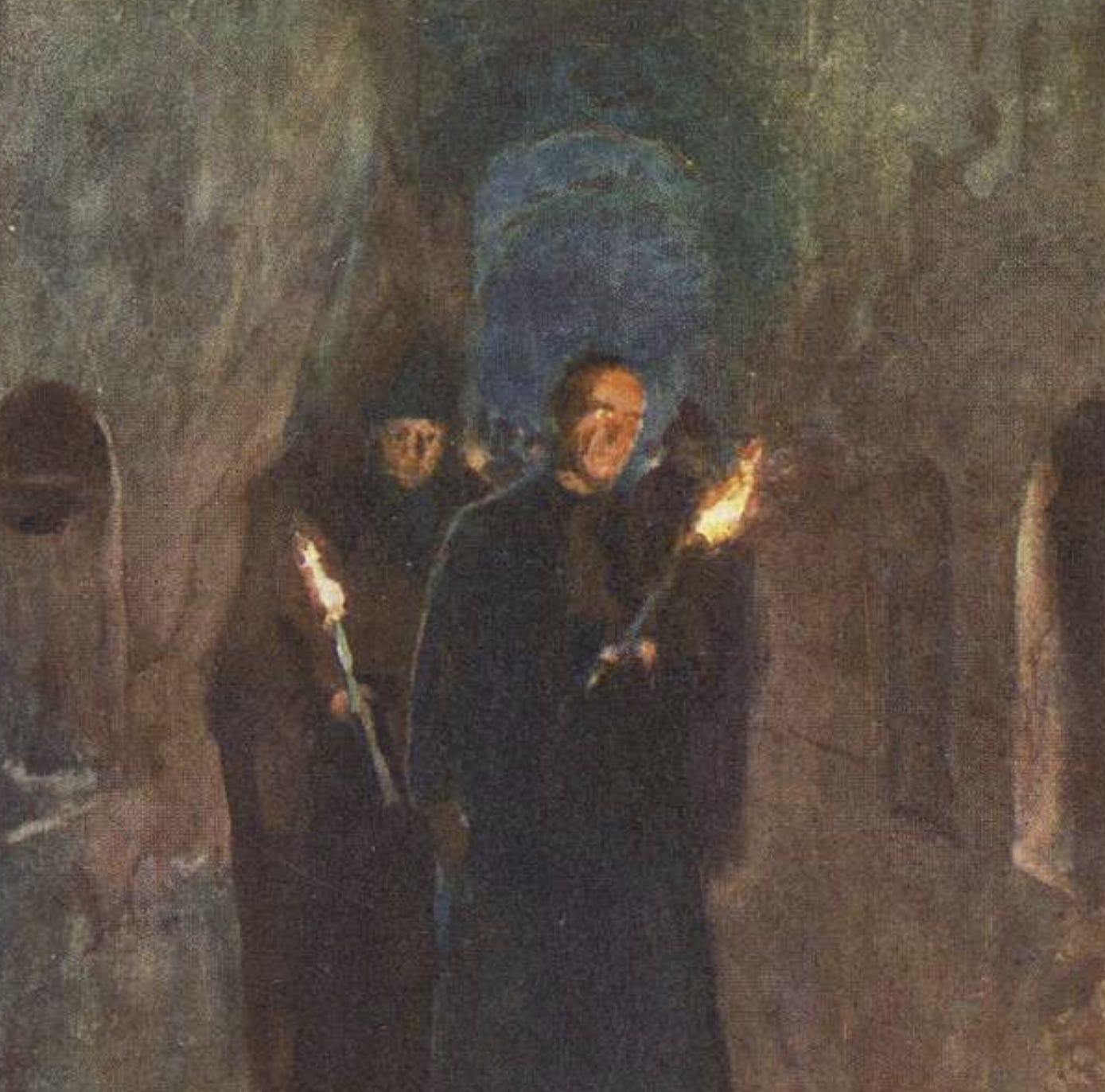 A painting of torch bearing monks walking through the catacombs of Rome