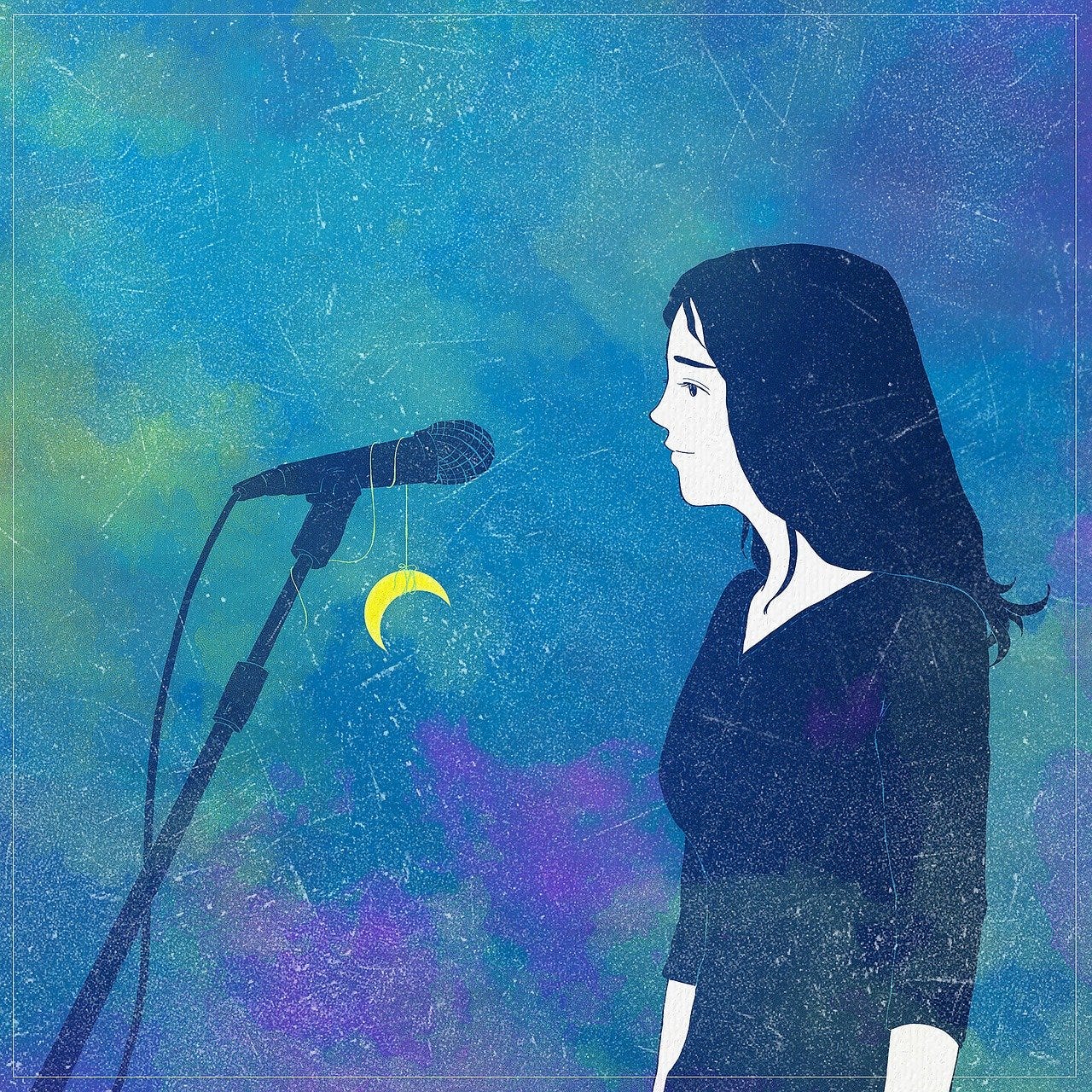 The image features a stylized illustration of a woman standing in profile, facing a microphone. She has long, black hair and wears a black top. The background is a watercolour blend of blues, purples, and greens. Suspended from the microphone is a small crescent moon, adding to the surreal quality of the scene. The woman appears contemplative, and is seemingly preparing to speak or sing in this cosmic, other-worldly setting.