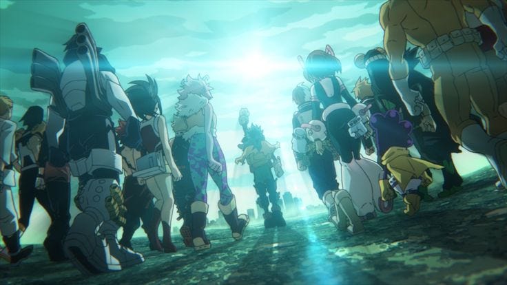 Imagem mostrando a turma de heróis da 1-A de costas seguindo Deku com braço levantado em sinal de força.