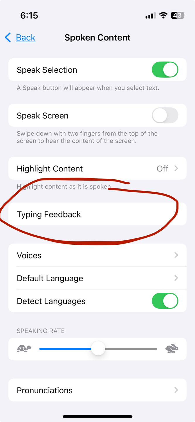 May be an image of phone and text that says '6:15 Back 43 Spoken Content Speak Selection A Speak button will appear when you select text. Speak Screen Swipe down with two fingers from the top screen to hear the content of the screen. the Highlight Content Hi Hiemlight content as itis spoke Off > Typing Feedback Voices > Default Language > Detect Languages SPEAKING RATE Pronunciations'