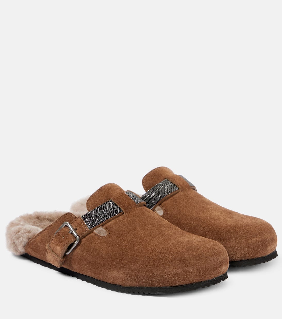 Shearling-trimmed suede mules | Brunello Cucinelli
