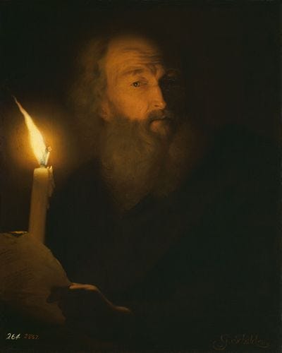 This may contain: an old man holding a lit candle in his right hand and looking at the viewer This may contain: an old man holding a lit candle in his right hand and looking at the viewer