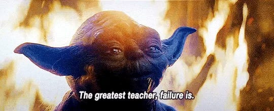 Yoda from "The Last Jedi" with the quote, "The greatest teacher, failure is."