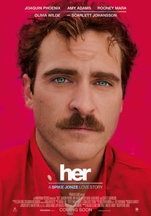 Movie poster from HER, featuring Joaquin Phoenix soulfully looking at the camera. Movie poster from HER, featuring Joaquin Phoenix soulfully looking at the camera.