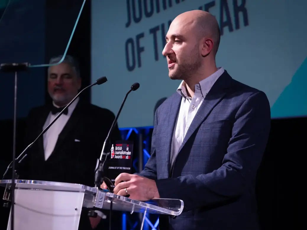 Sunday Times Whitehall editor Gabriel Pogrund gives a speech at the British Journalism Awards 2023 after receiving the Journalist of the Year award. Picture: ASV Photography for Press Gazette Sunday Times Whitehall editor Gabriel Pogrund gives a speech at the British Journalism Awards 2023 after receiving the Journalist of the Year award. Picture: ASV Photography for Press Gazette