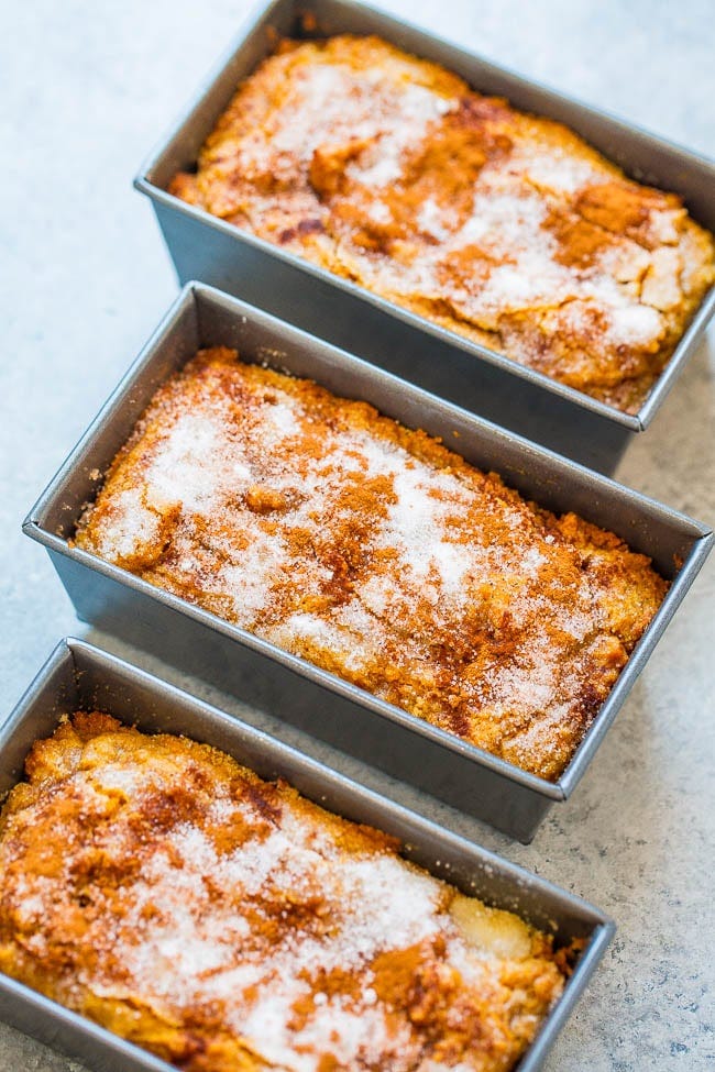 three mini Cinnamon Sugar Pumpkin Bread loaves three mini Cinnamon Sugar Pumpkin Bread loaves