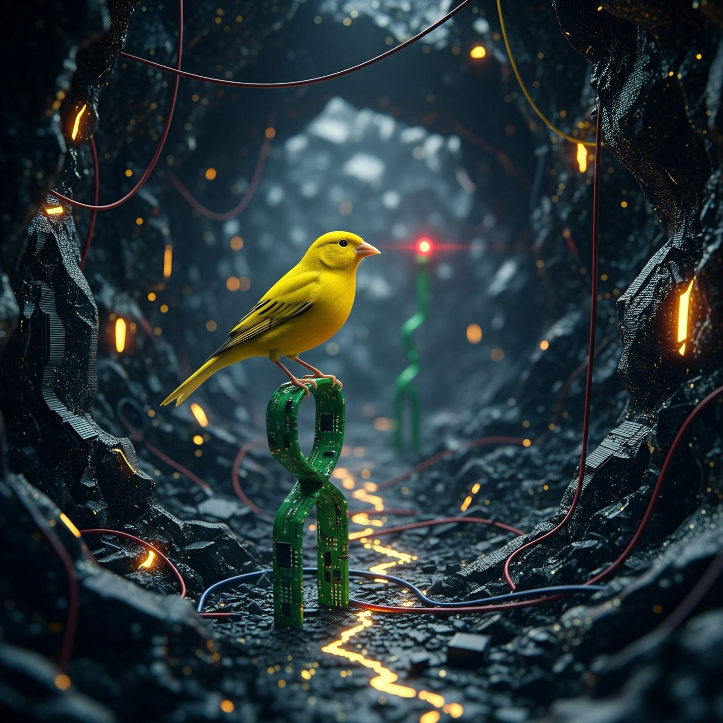 A yellow bird standing on green objects in a dark cave

AI-generated content may be incorrect.