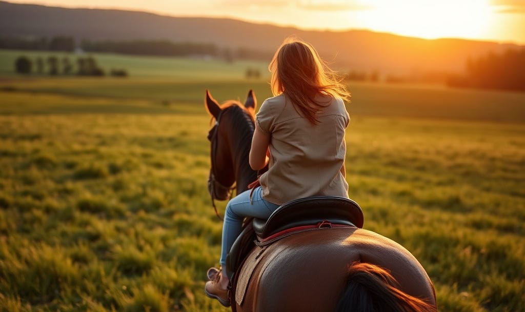 A woman riding a horse on a green field, riding into a sunset