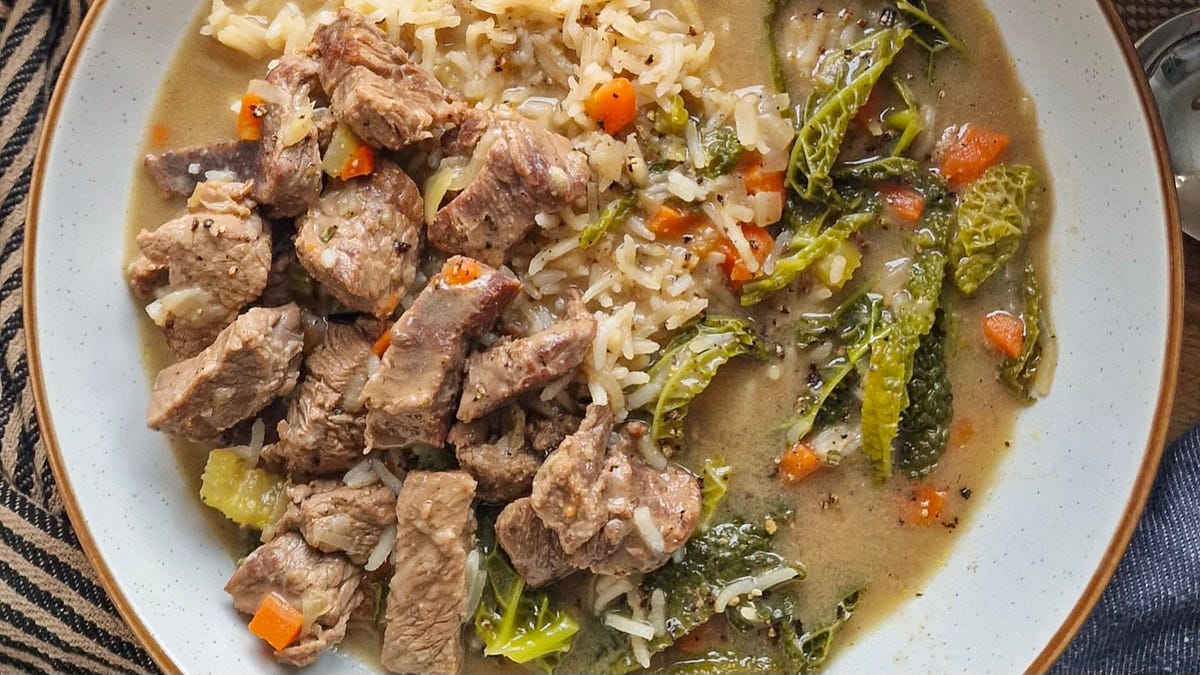 Brothy Beef & Onion Rice with Horseradish Croutons