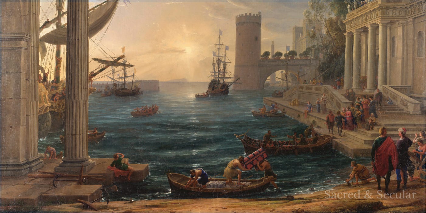 A classical oil painting depicting a busy Mediterranean harbour, with sailing ships, travellers and grand stone buildings illuminated by warm sunlight. A classical oil painting depicting a busy Mediterranean harbour, with sailing ships, travellers and grand stone buildings illuminated by warm sunlight.