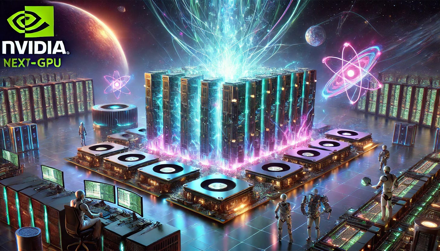 A 16:9 futuristic illustration showcasing NVIDIA’s next-gen CPU-GPU platform, codenamed 'Vera Rubin.' The scene features a high-tech NVIDIA-branded AI supercomputer with glowing CPU-GPU chips seamlessly connected, symbolizing massive performance and bandwidth improvements. Vibrant energy streams flow between processors, highlighting efficiency gains and lower power consumption. Holographic overlays display Vera Rubin’s advanced architecture and its connection to astrophysics, referencing dark matter research. Engineers and robotic systems monitor AI workloads, while a futuristic cosmic backdrop symbolizes NVIDIA’s leap forward in computing power.