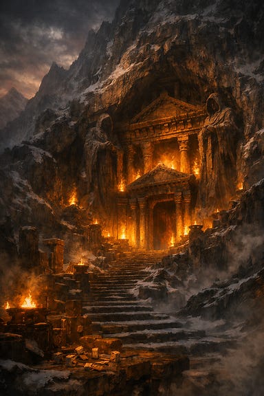 Exterior of the Amber Temple at twilight, carved into the mountain, ancient amber glow, Barovian Gothic atmosphere Exterior of the Amber Temple at twilight, carved into the mountain, ancient amber glow, Barovian Gothic atmosphere