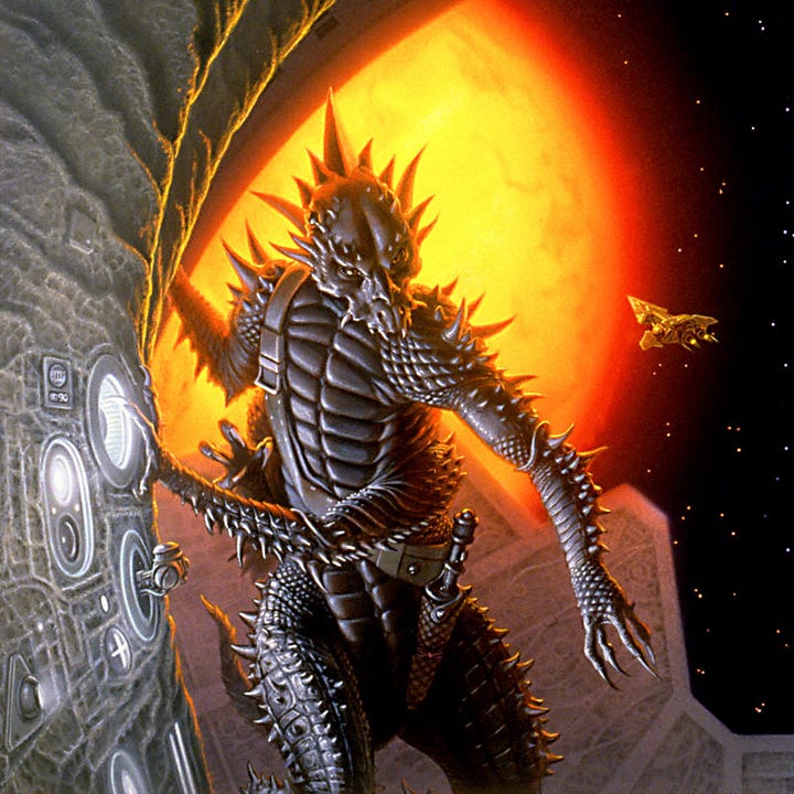 LEFT: Figure detail from DAETRIN featuring an alien with spiky black carapace gripping the arched bulkhead with its upper arm while the lower arm opposite reaches back across its body to finger a lighted sensor with a taloned digit. Menacingly, the top of its long rounded forehead ends in a crown of wide spikes. Low set orbitals are accented with thinner pointed flourishes that trail off the side of its cheek. A pronounced maxilla juts forward with no mandible to match. Behind it, a spaceship approaches an orange sun glowing warmly through the viewport. RIGHT: Figure detail from DAETRIN featuring a human male in white jumpsuit trimmed in orange. He leans against the arched bulkhead to press a lighted sensor with the flat of his palm. Behind him, a spaceship approaches a clouded planet radiating a cool blue glow through the viewport.