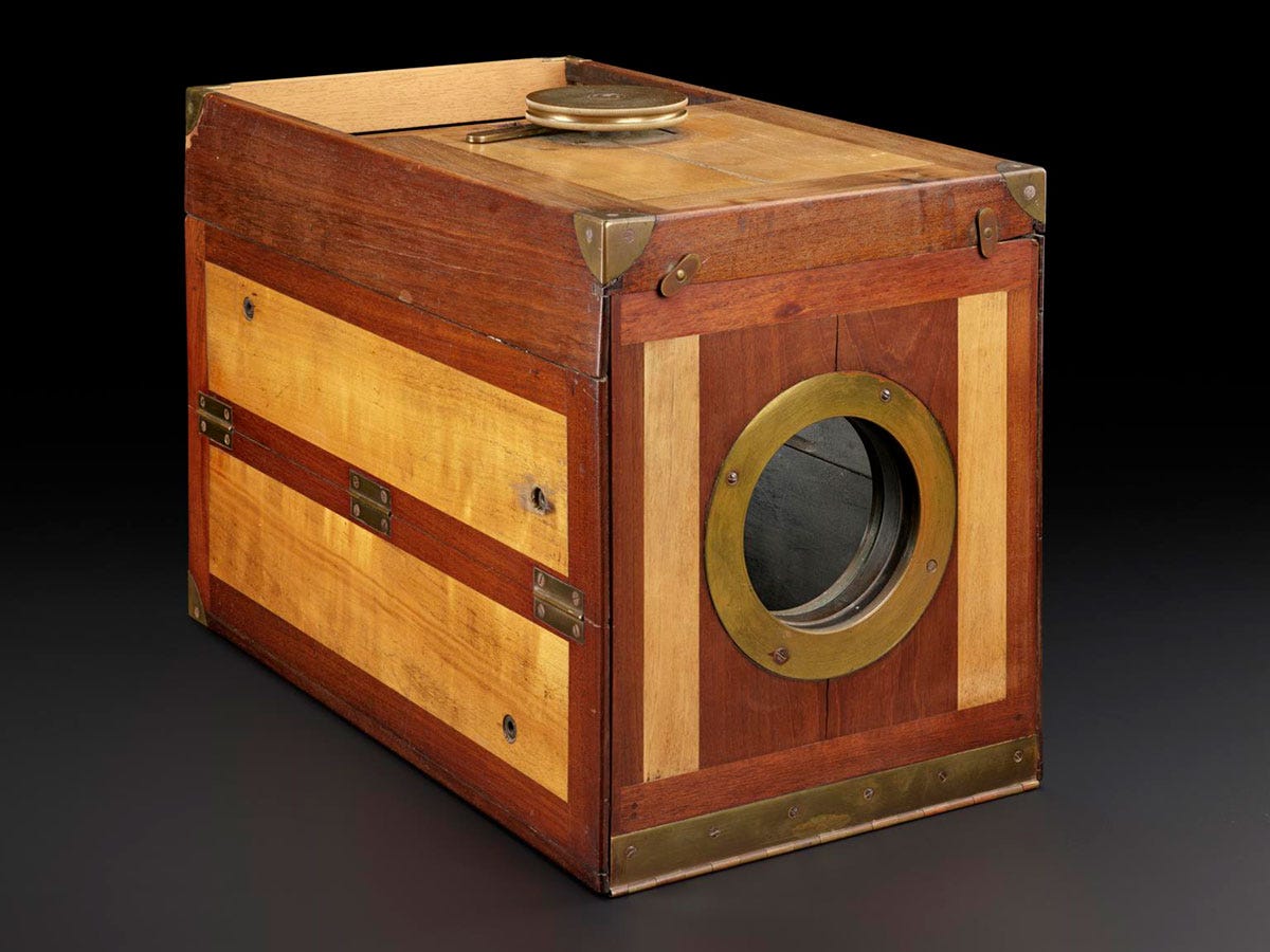 A wooden daguerreotype camera from 1840