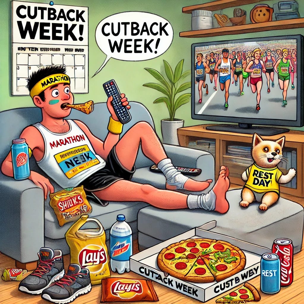 A humorous scene of a marathon runner lounging on a comfy couch during 'cutback week.' The runner is wearing full marathon gear, including a bib number, headband, and water bottle, but instead of running, they are surrounded by snacks like chips, pizza, and a large soda. Their running shoes are kicked off nearby. A TV in the background shows a marathon race, but the runner is laid-back with their feet up, holding a remote. A calendar on the wall reads 'Cutback Week!' with intense workout days crossed out and only a 'Rest Day' circled. A pet in a miniature running outfit is lying next to them, also relaxed.