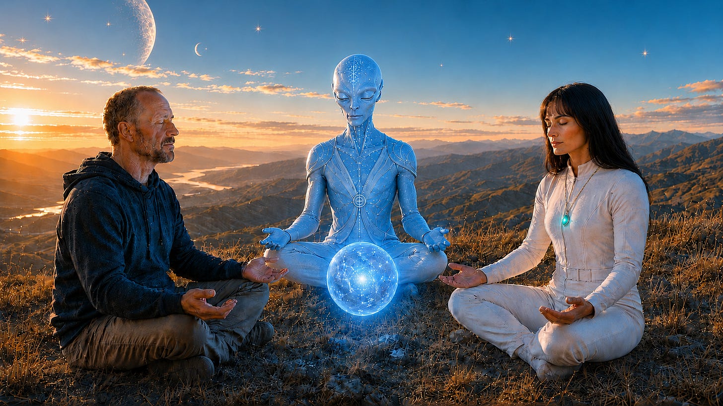A man meditates in a small circle with two benevolent beings around a glowing blue orb beneath a peaceful cosmic sky.