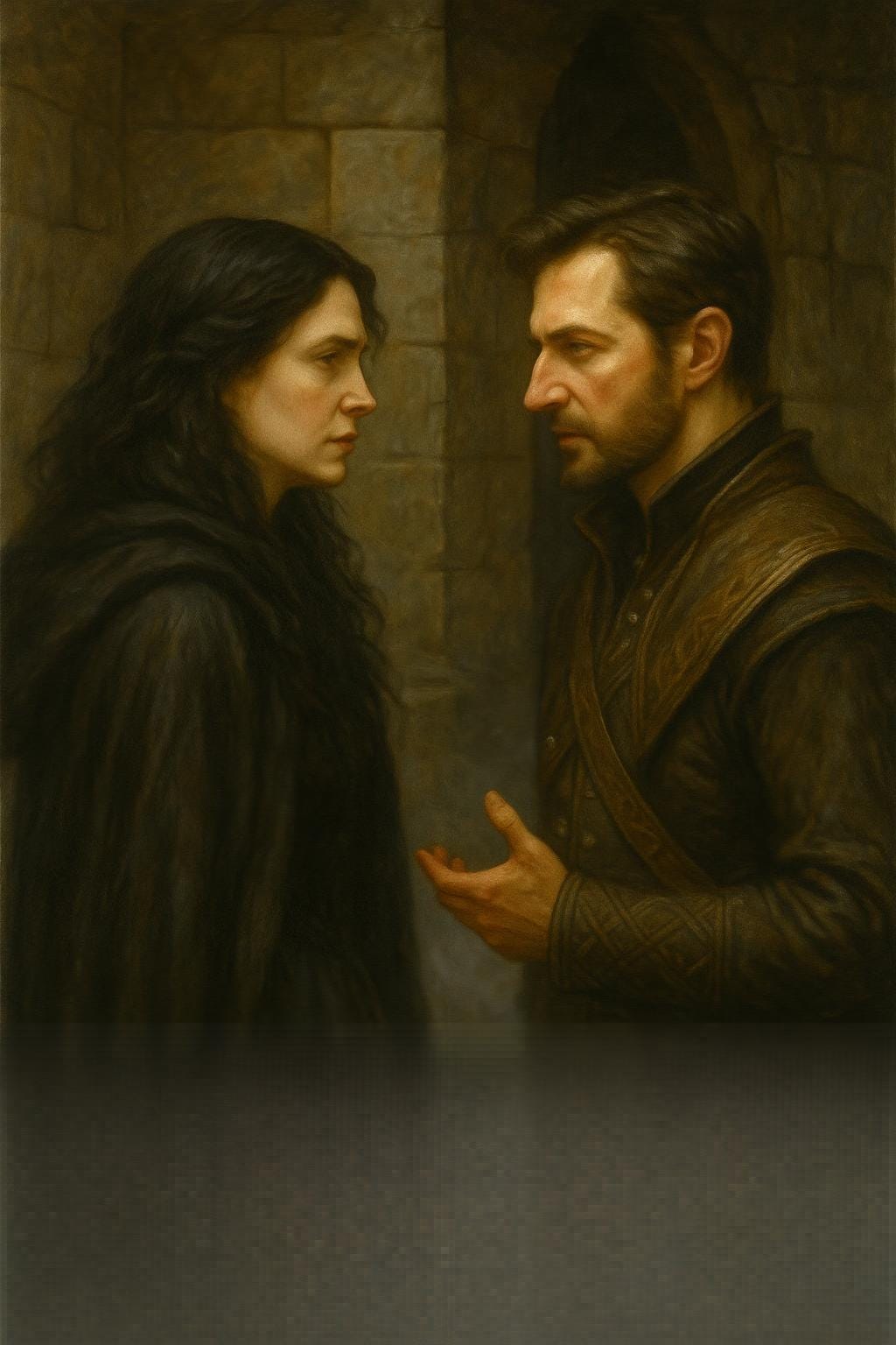 A dramatic gothic fantasy scene featuring Fleetwood, visually inspired by Richard Armitage, speaking with Clarion, visually inspired by Gwendoline Christie. They stand in a candlelit corridor of Castle Ravenloft, surrounded by stone arches and flickering shadows. Fleetwood wears a dark leather coat with a sword at his hip, his expression intense and protective. Clarion wears a flowing dark robe with silver embroidery, her platinum blonde hair cascading over her shoulders, her face calm but resolute. They are mid-conversation, facing each other closely, with tension and trust in their eyes. The atmosphere is moody, intimate, and charged with emotion.